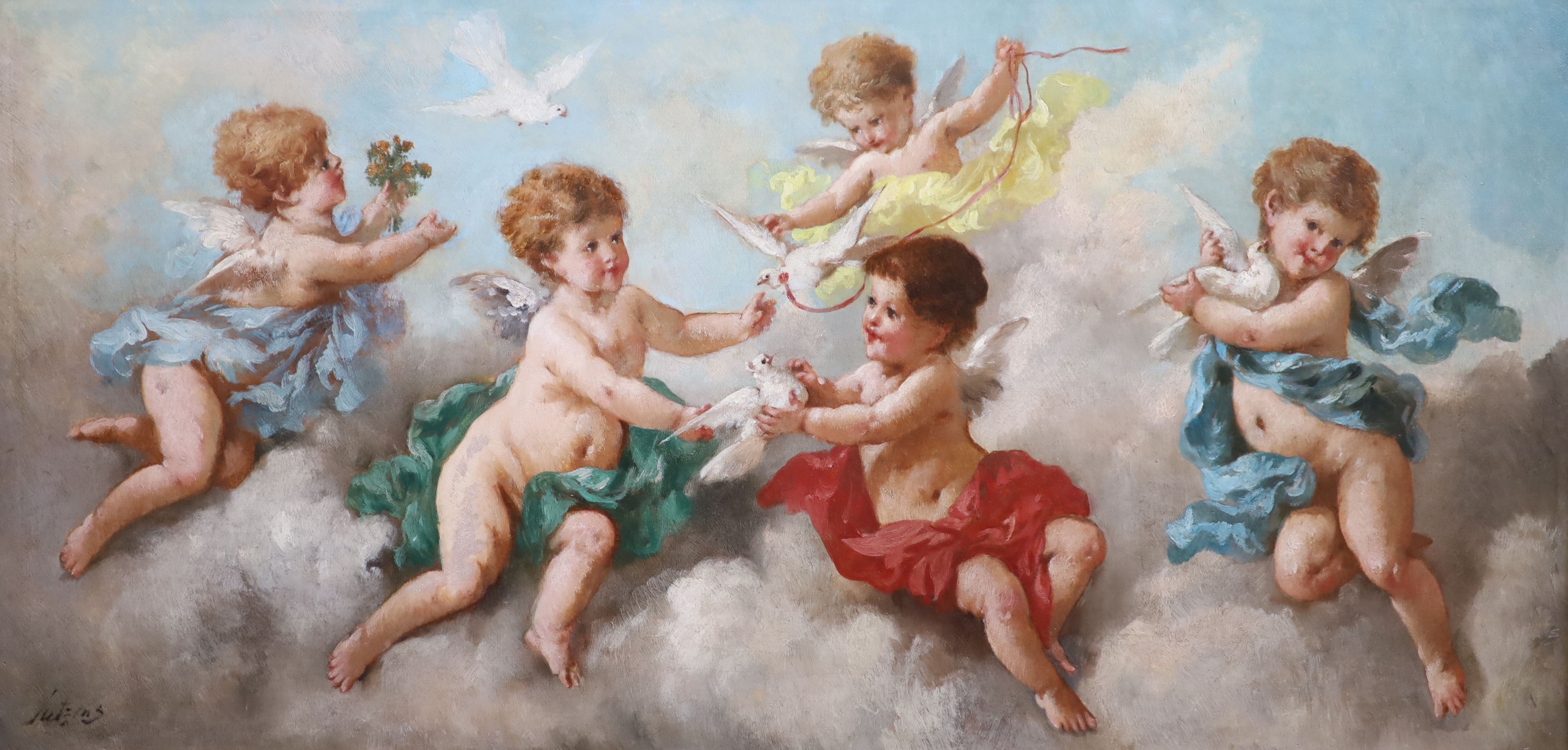 Charles Augustus Henry Lutyens (1829-1915), Amorini and doves amongst clouds, pair of oils on canvas, 44 x 90cm